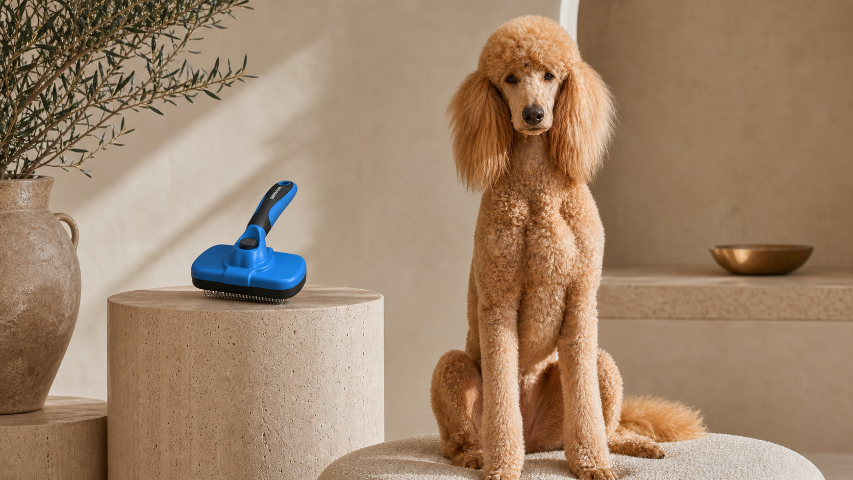 Frida, poodle apricot, junto al cepillo Swihauk Self-Cleaning Slicker Brush