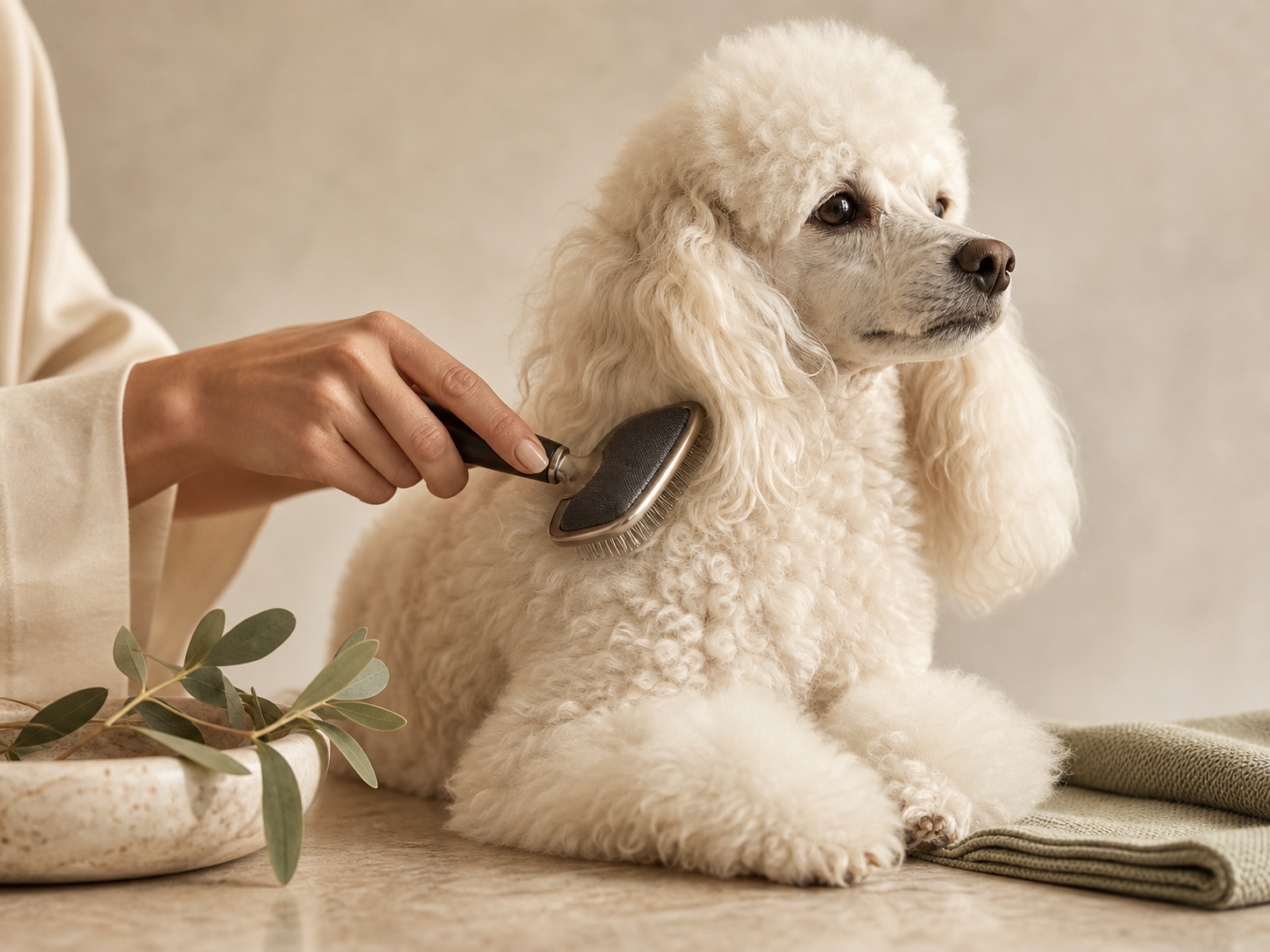 Poodle blanco durante el grooming