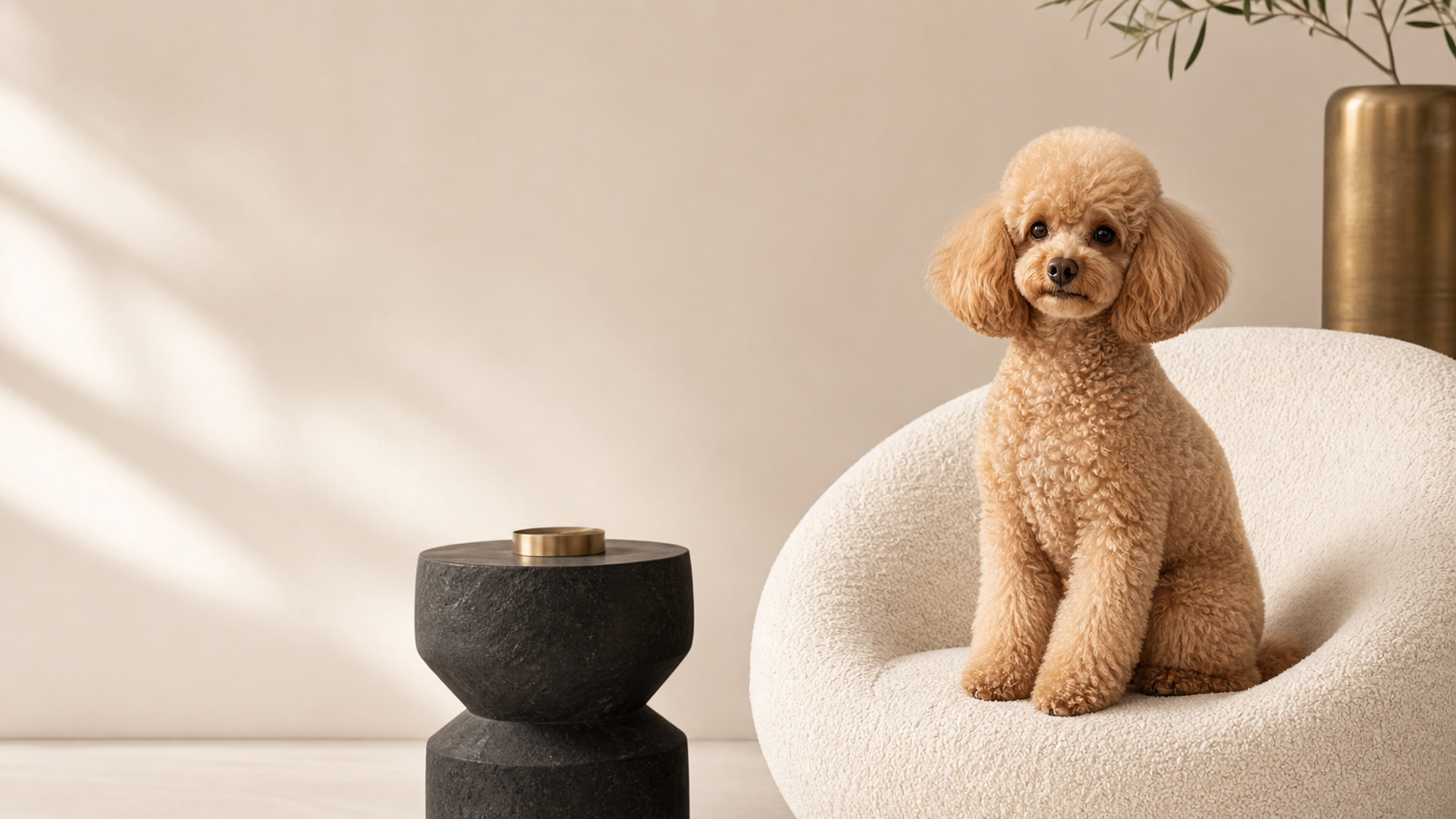 Poodle color apricot sentado en un sillón crema