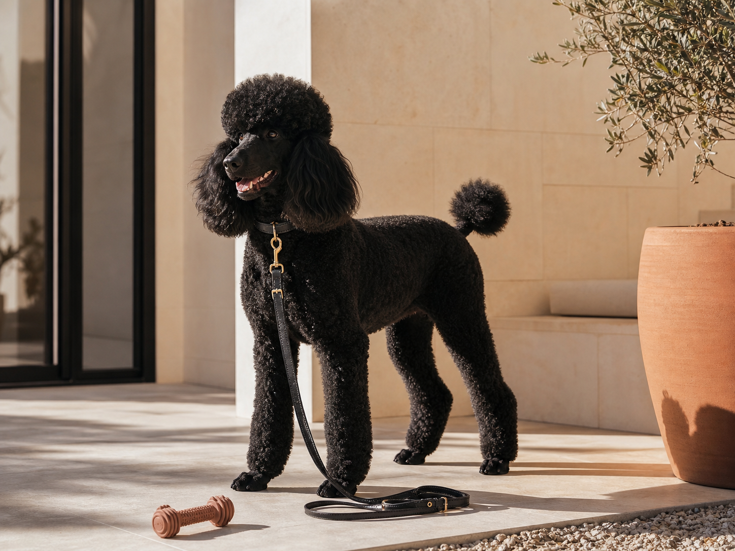 Poodle negro en una terraza moderna con correa