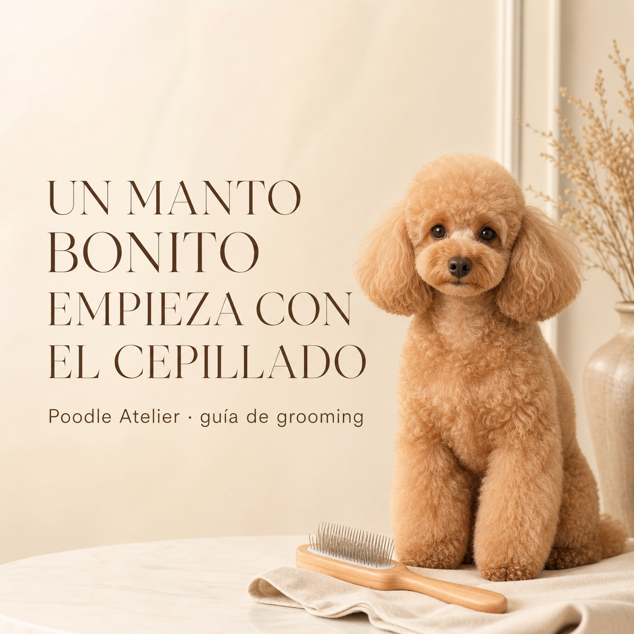Poodle apricot junto a un cepillo de grooming
